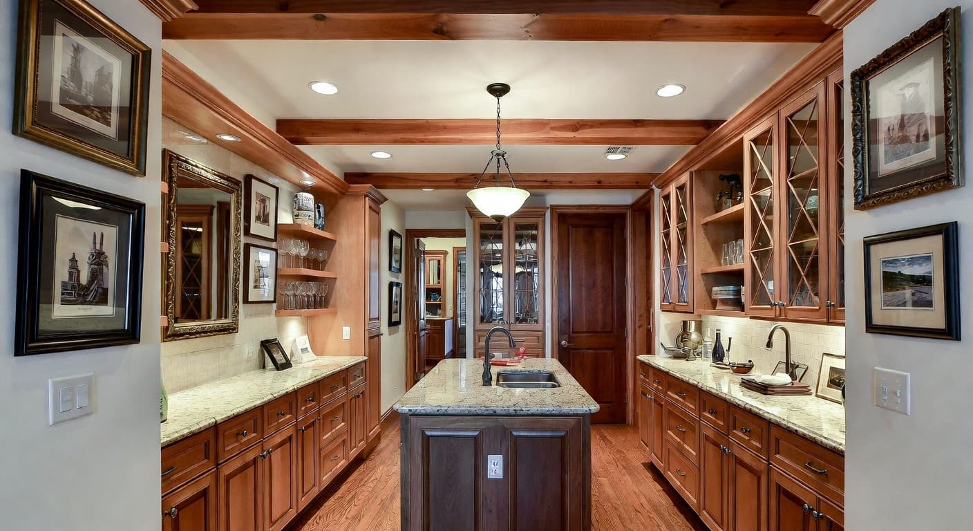 British Colonial butler's pantry interior design - featuring british colonial style furniture, decor, colors, and layout ideas for your butler's pantry