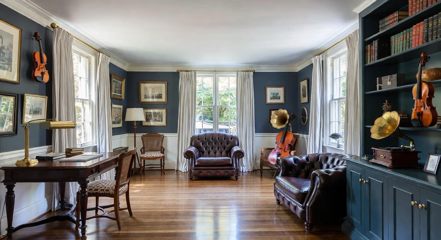 British Colonial music room interior design - featuring british colonial style furniture, decor, colors, and layout ideas for your music room