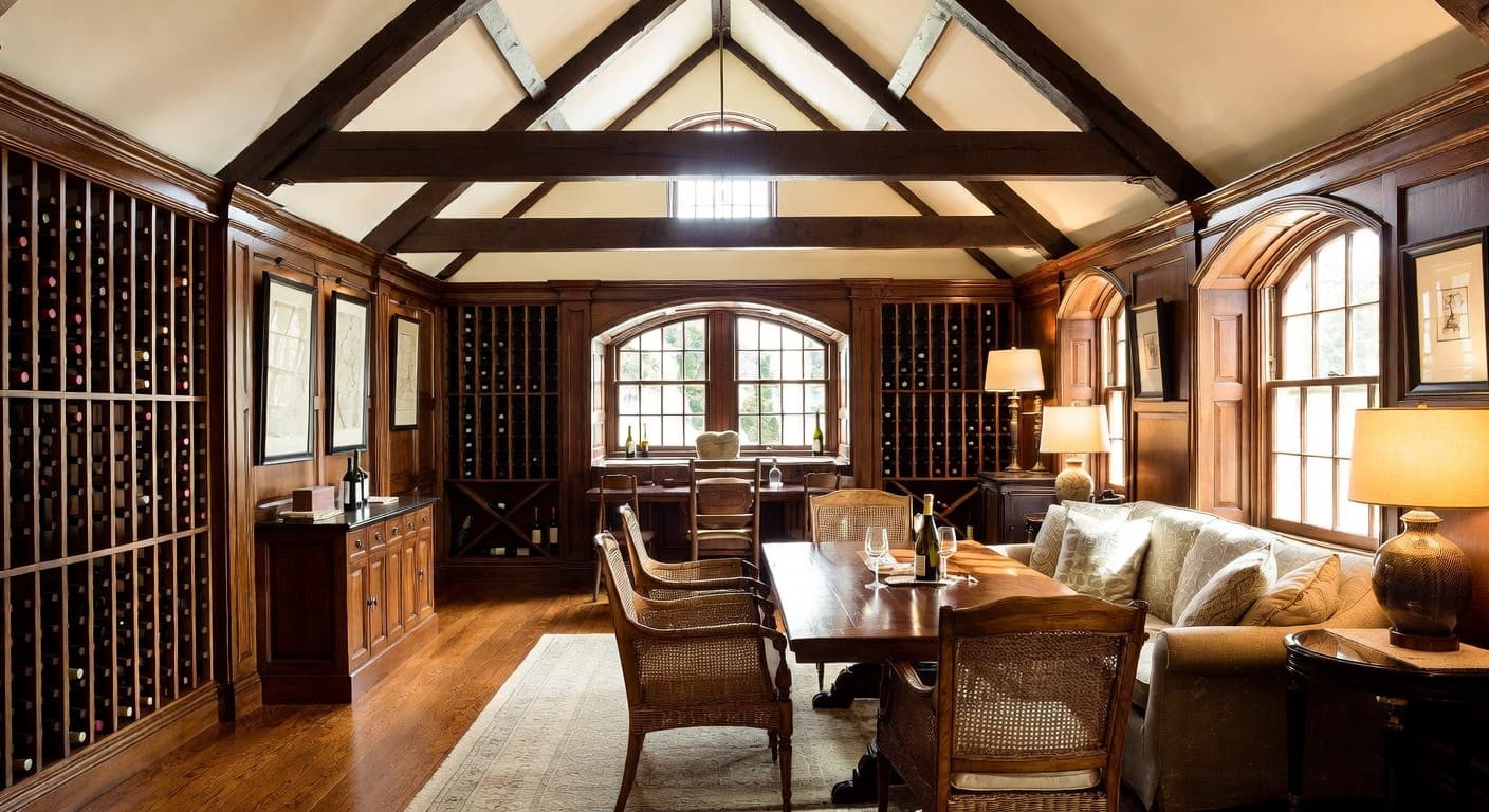 British Colonial wine cellar interior design - featuring british colonial style furniture, decor, colors, and layout ideas for your wine cellar