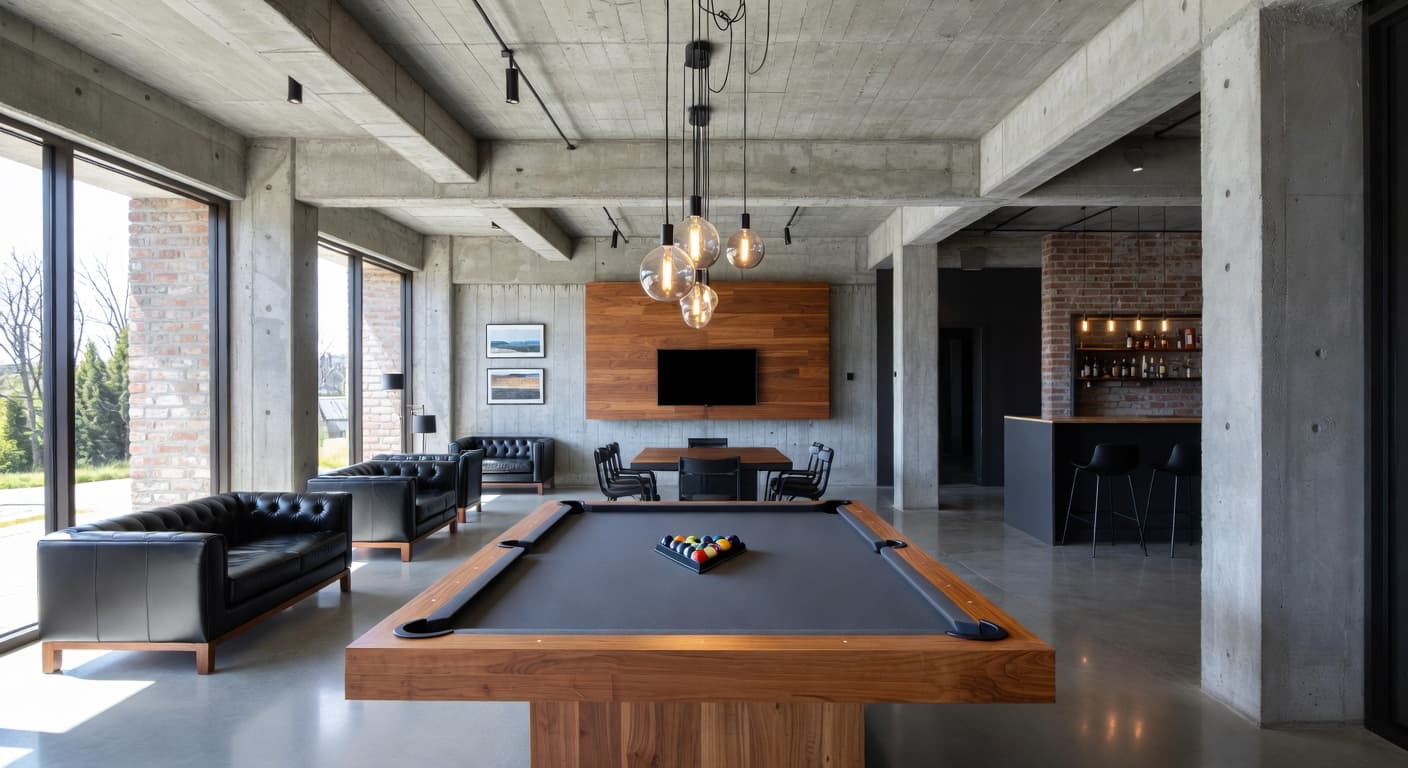 Brutalist billiards room interior design - featuring brutalist style furniture, decor, colors, and layout ideas for your billiards room