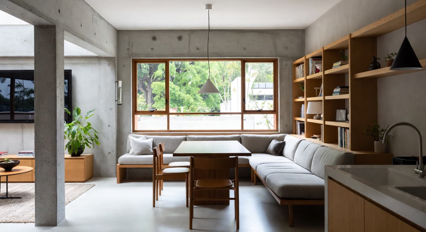 Brutalist breakfast nook interior design - featuring brutalist style furniture, decor, colors, and layout ideas for your breakfast nook