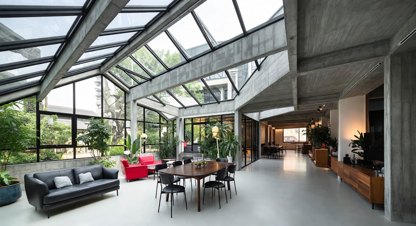 Brutalist greenhouse interior design - featuring brutalist style furniture, decor, colors, and layout ideas for your greenhouse