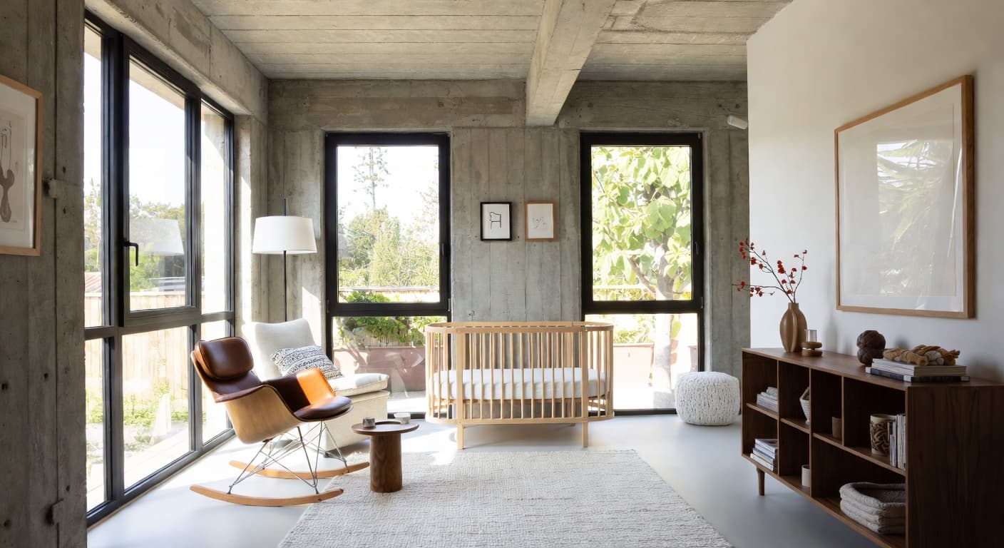 Brutalist nursery interior design - featuring brutalist style furniture, decor, colors, and layout ideas for your nursery