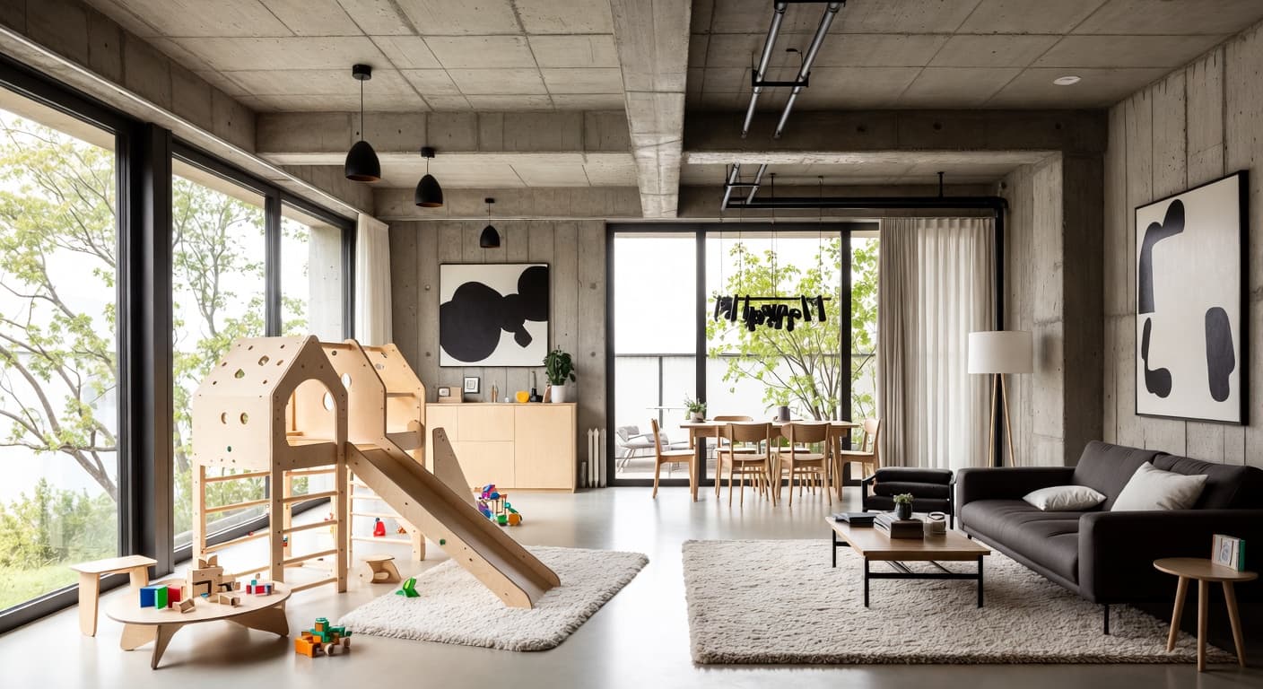 Brutalist playroom interior design - featuring brutalist style furniture, decor, colors, and layout ideas for your playroom