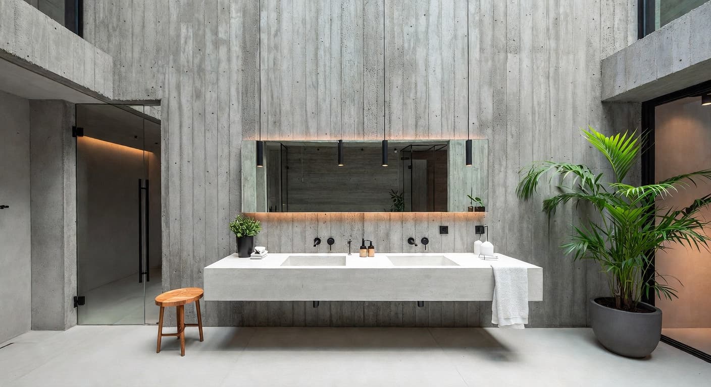 Brutalist powder room interior design - featuring brutalist style furniture, decor, colors, and layout ideas for your powder room