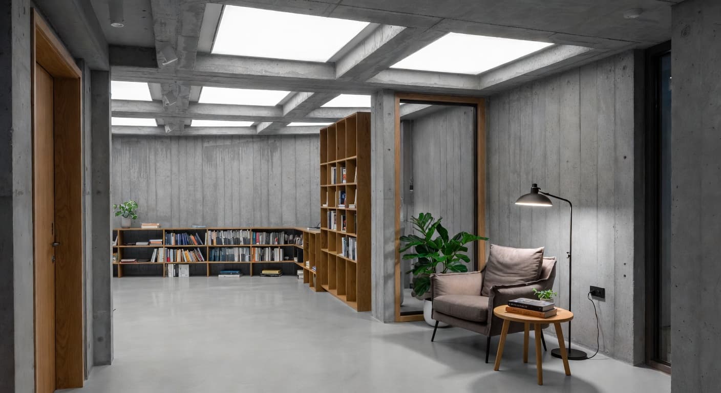 Brutalist reading nook interior design - featuring brutalist style furniture, decor, colors, and layout ideas for your reading nook