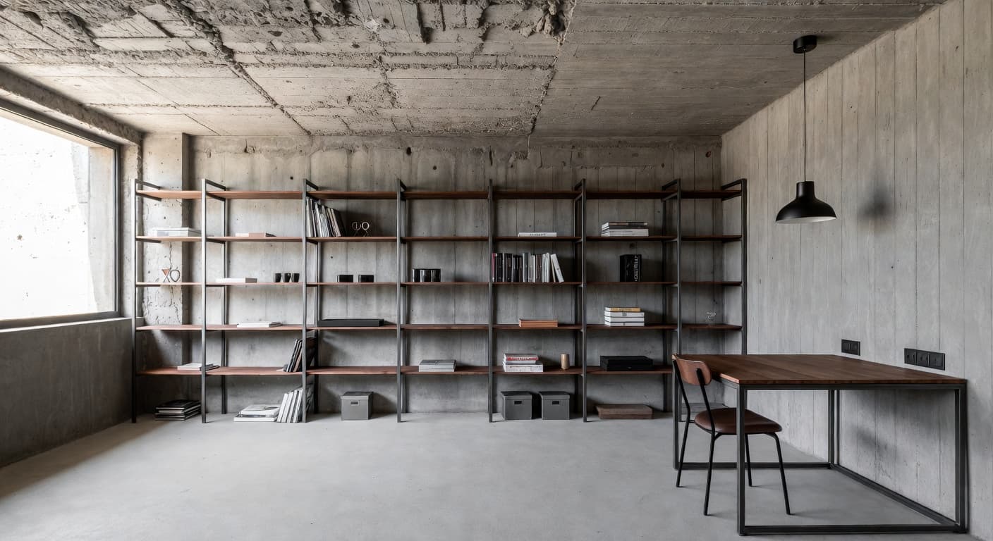 Brutalist storage room interior design - featuring brutalist style furniture, decor, colors, and layout ideas for your storage room