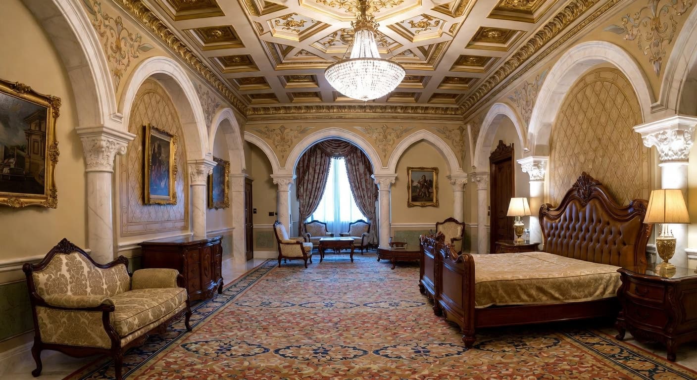 Byzantine guest room interior design - featuring byzantine style furniture, decor, colors, and layout ideas for your guest room