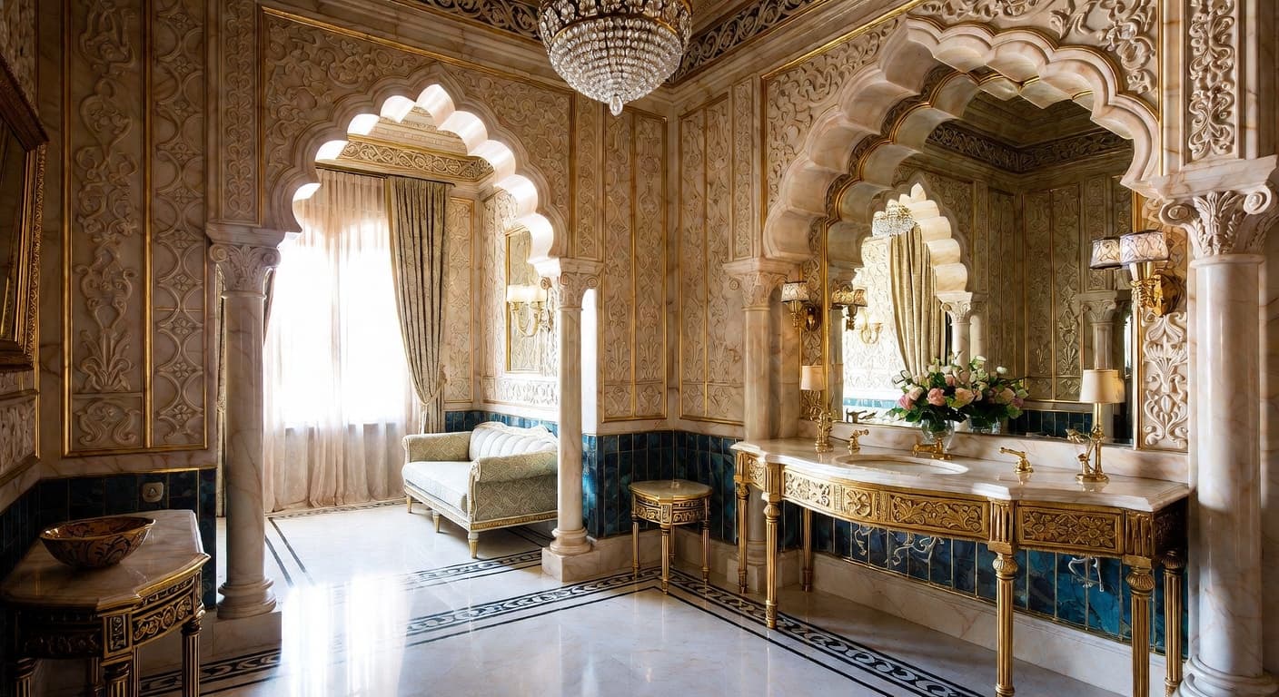 Byzantine powder room interior design - featuring byzantine style furniture, decor, colors, and layout ideas for your powder room