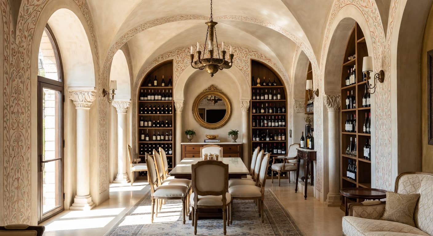 Byzantine wine cellar interior design - featuring byzantine style furniture, decor, colors, and layout ideas for your wine cellar