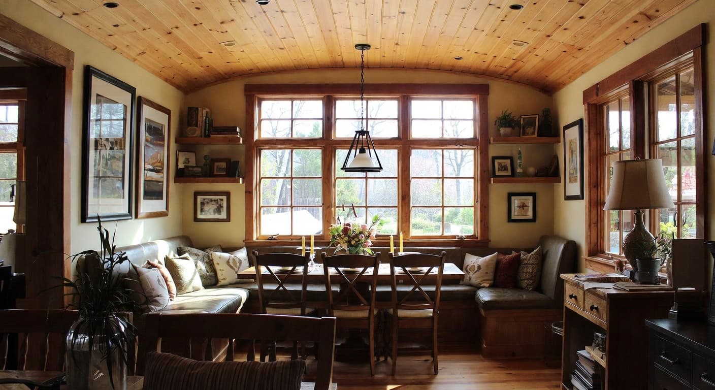 Cabin breakfast nook interior design - featuring cabin style furniture, decor, colors, and layout ideas for your breakfast nook