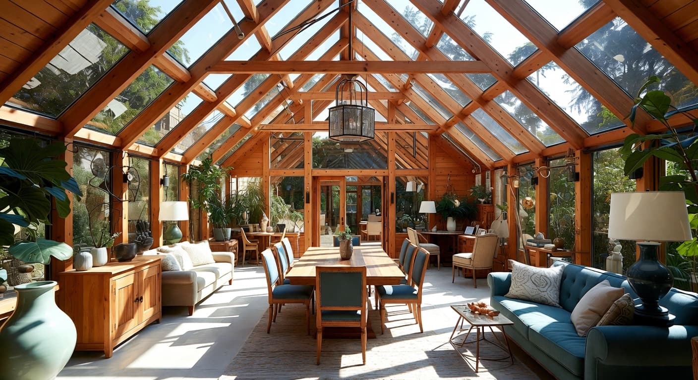 Cabin greenhouse interior design - featuring cabin style furniture, decor, colors, and layout ideas for your greenhouse