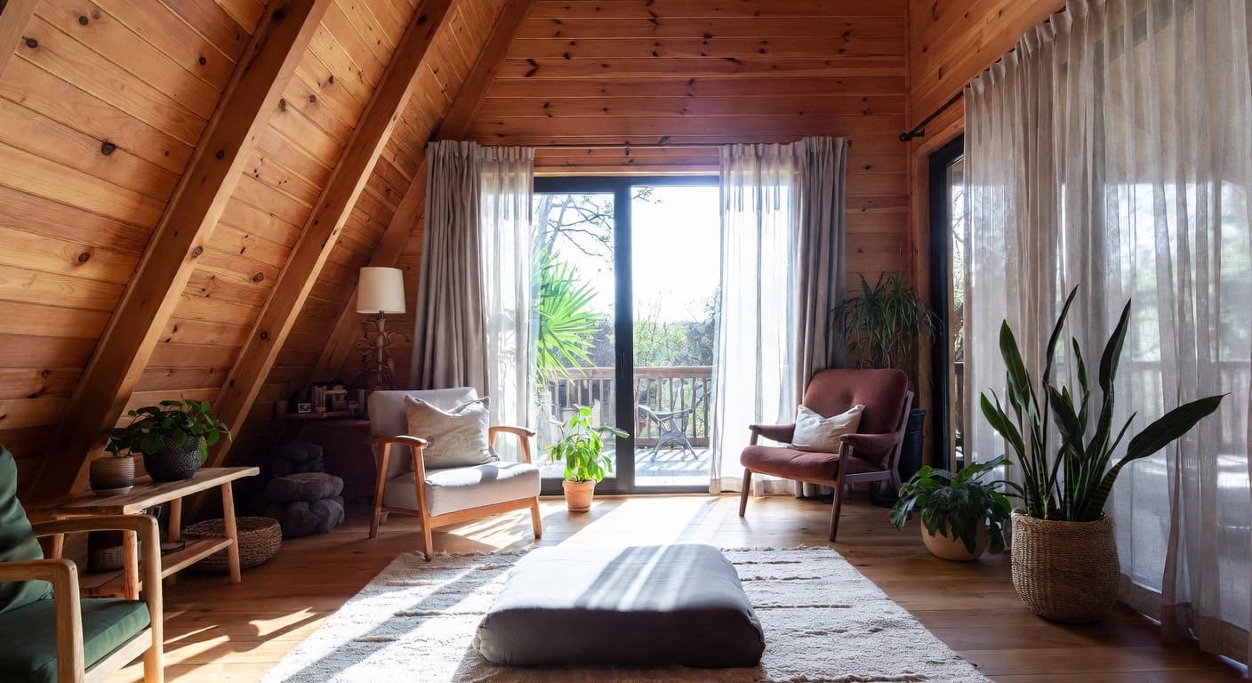 Cabin meditation space interior design - featuring cabin style furniture, decor, colors, and layout ideas for your meditation space