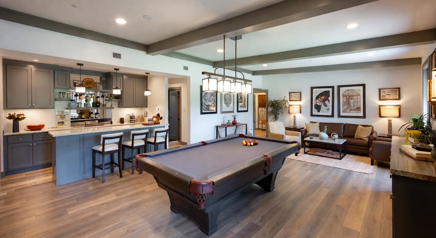California Casual billiards room interior design - featuring california casual style furniture, decor, colors, and layout ideas for your billiards room