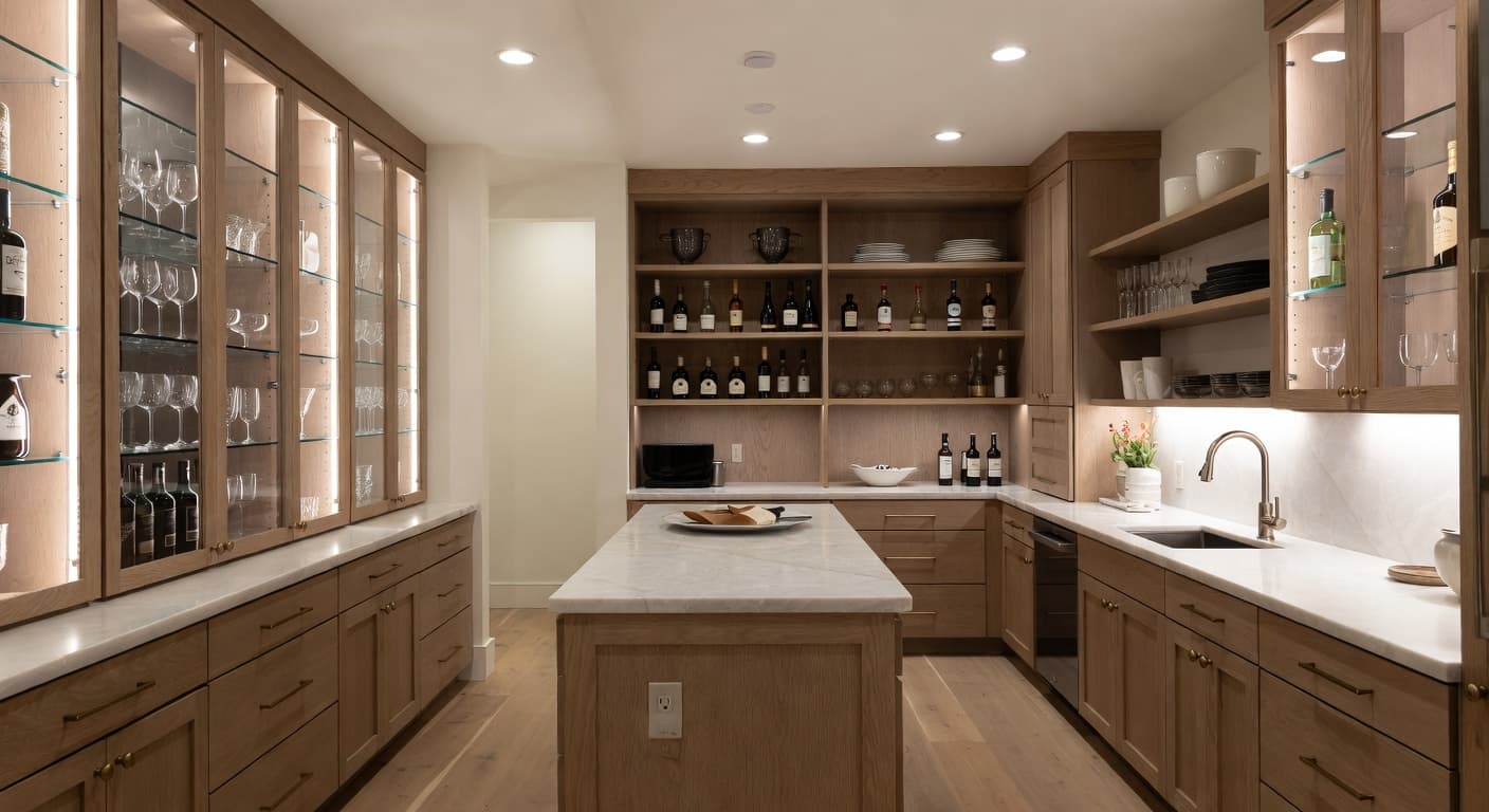 California Casual butler's pantry interior design - featuring california casual style furniture, decor, colors, and layout ideas for your butler's pantry