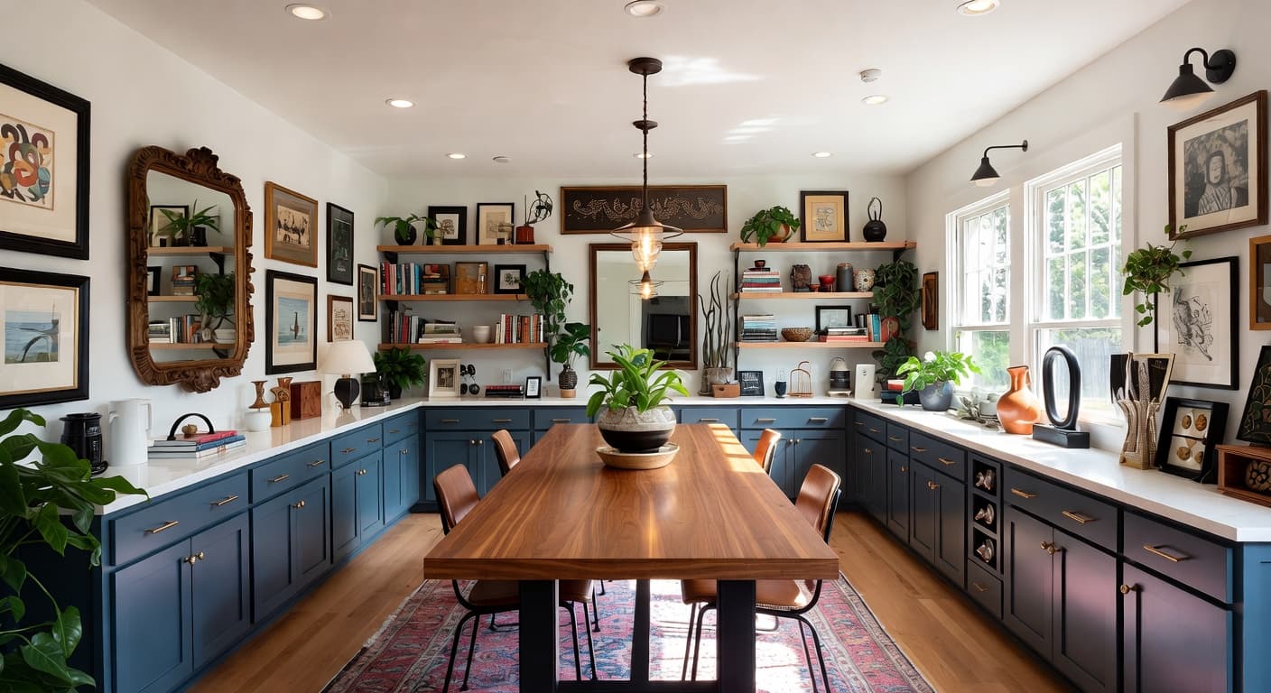 California Casual craft room / studio interior design - featuring california casual style furniture, decor, colors, and layout ideas for your craft room / studio