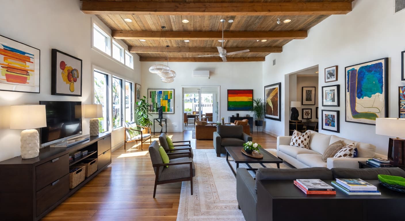 California Casual gallery / art display interior design - featuring california casual style furniture, decor, colors, and layout ideas for your gallery / art display