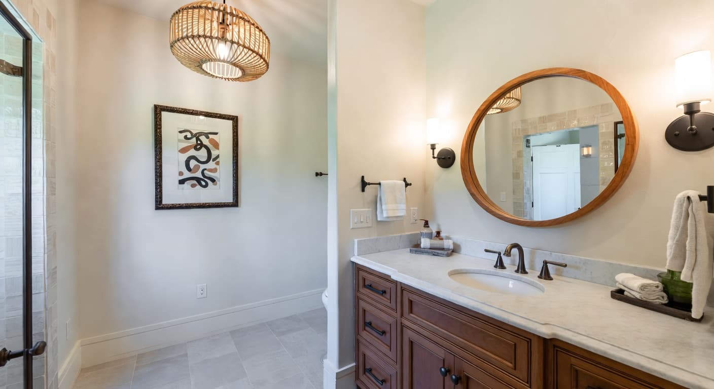 California Casual powder room interior design - featuring california casual style furniture, decor, colors, and layout ideas for your powder room
