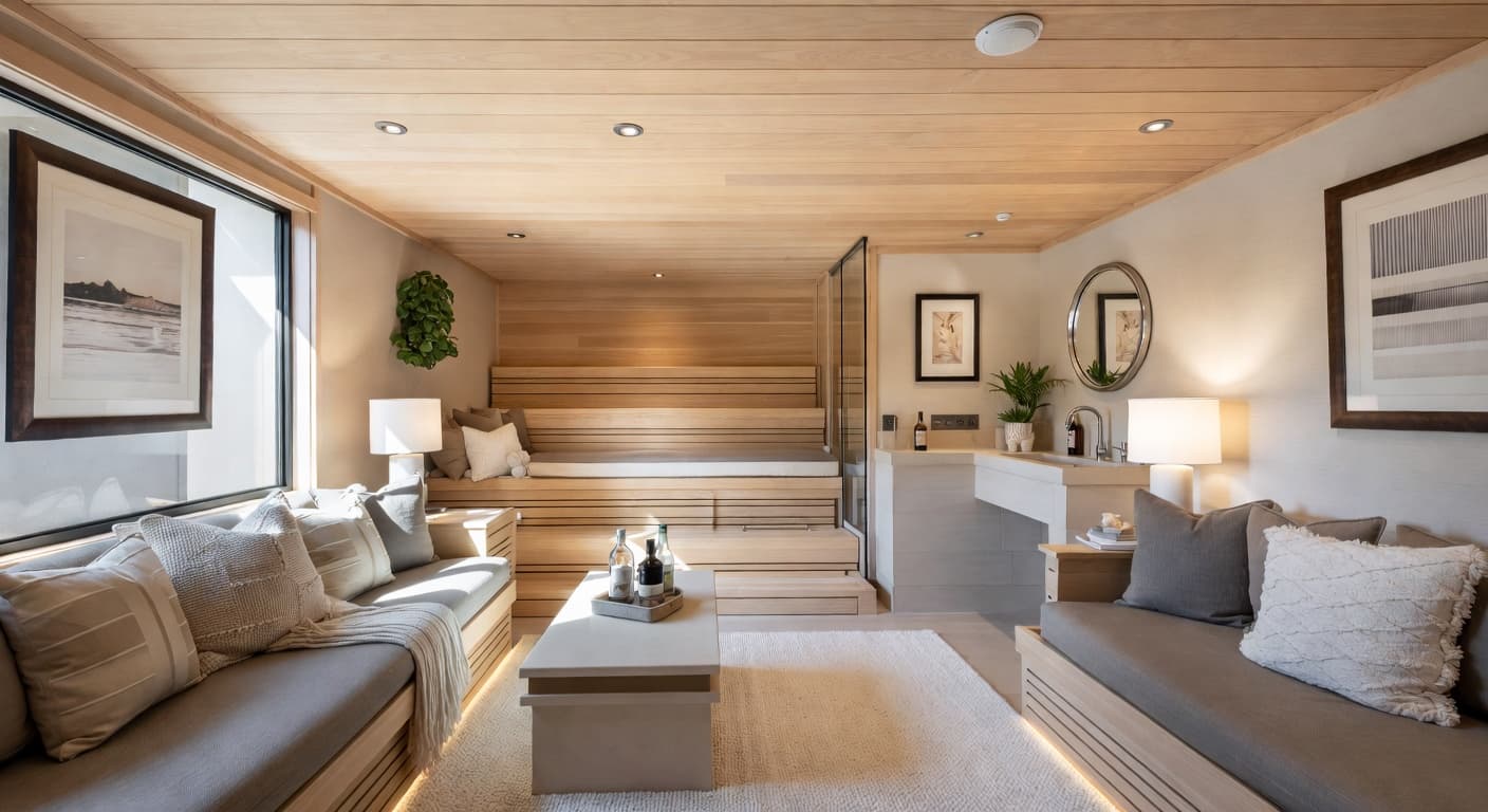 California Casual sauna / spa room interior design - featuring california casual style furniture, decor, colors, and layout ideas for your sauna / spa room