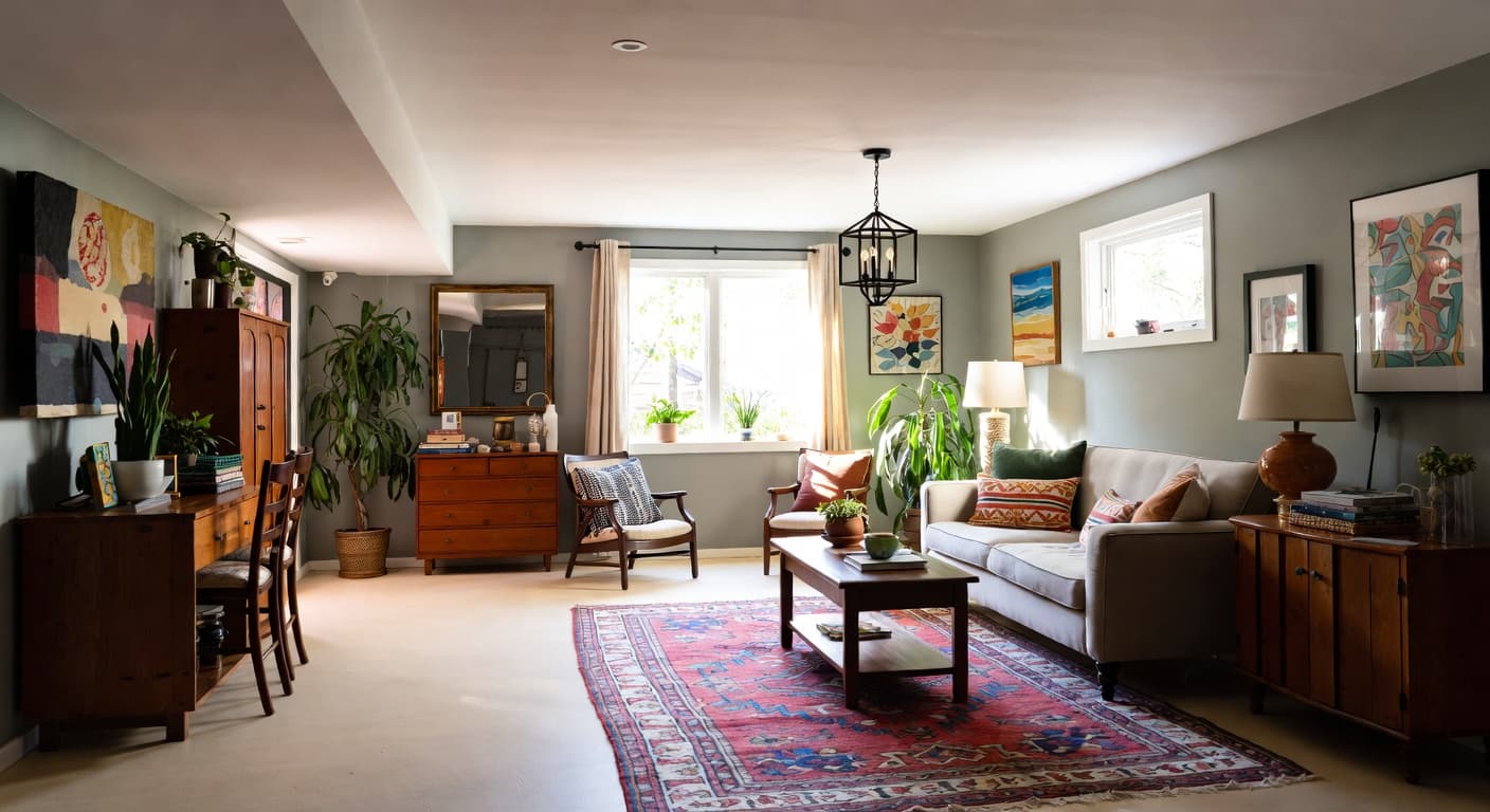 Californian Bohemian basement interior design - featuring californian bohemian style furniture, decor, colors, and layout ideas for your basement