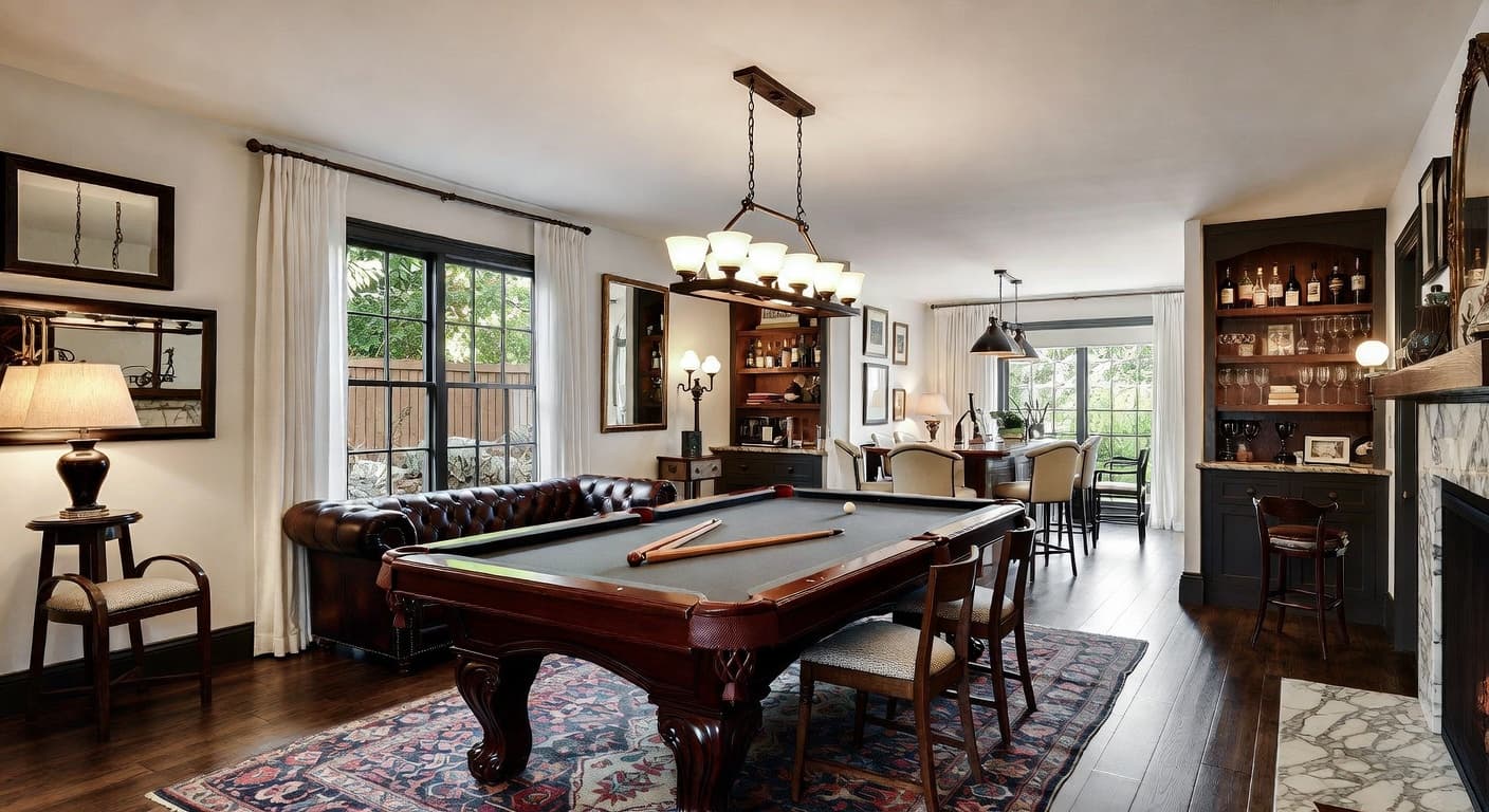 Californian Bohemian billiards room interior design - featuring californian bohemian style furniture, decor, colors, and layout ideas for your billiards room