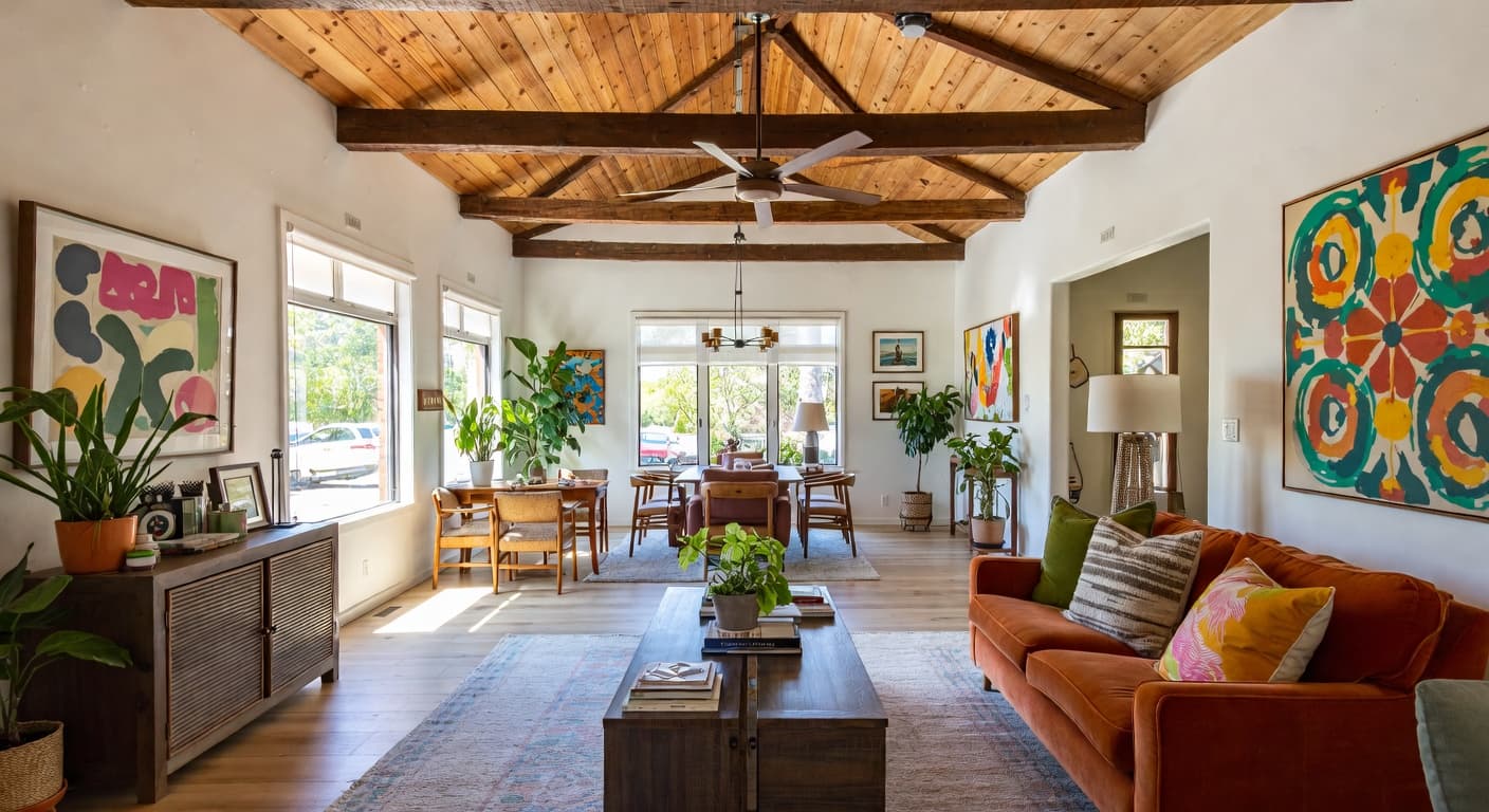 Californian Bohemian gallery / art display interior design - featuring californian bohemian style furniture, decor, colors, and layout ideas for your gallery / art display