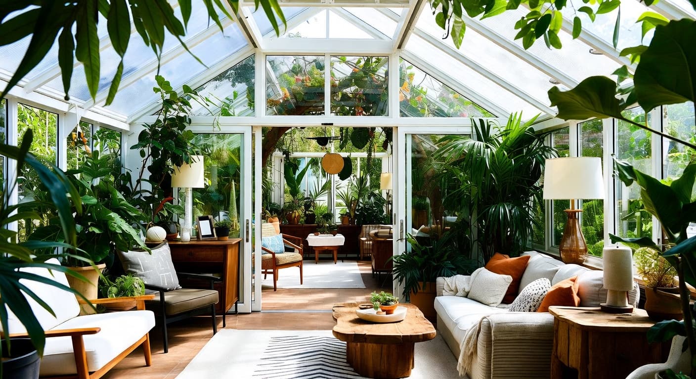 Californian Bohemian greenhouse interior design - featuring californian bohemian style furniture, decor, colors, and layout ideas for your greenhouse