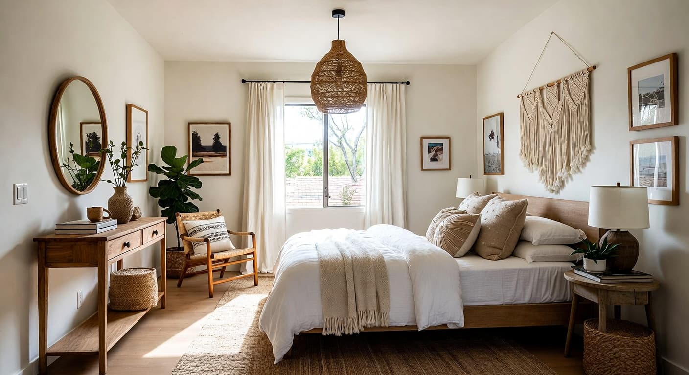 Californian Bohemian guest room interior design - featuring californian bohemian style furniture, decor, colors, and layout ideas for your guest room