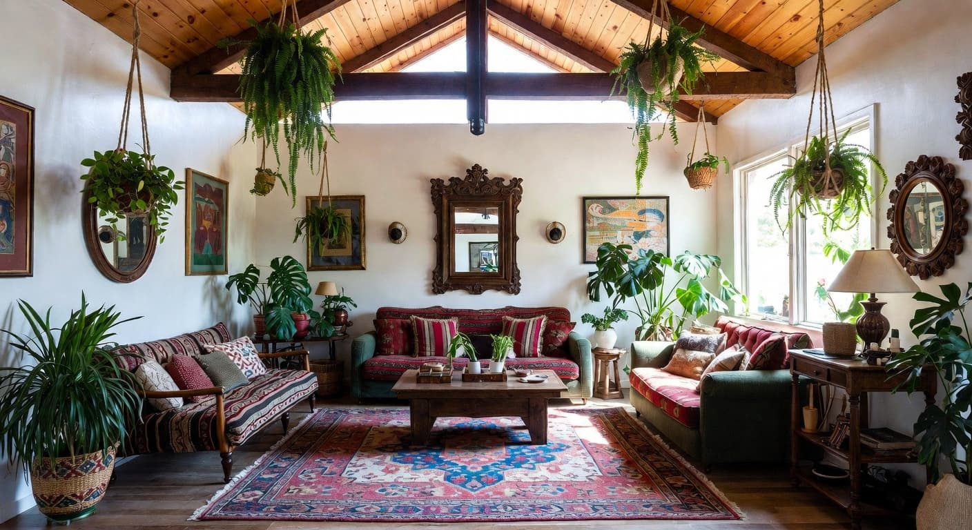 Californian Bohemian meditation space interior design - featuring californian bohemian style furniture, decor, colors, and layout ideas for your meditation space