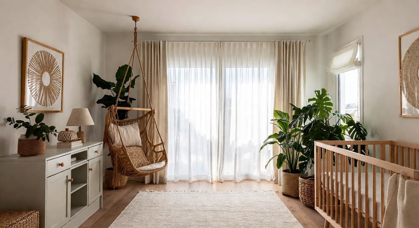 Californian Bohemian nursery interior design - featuring californian bohemian style furniture, decor, colors, and layout ideas for your nursery