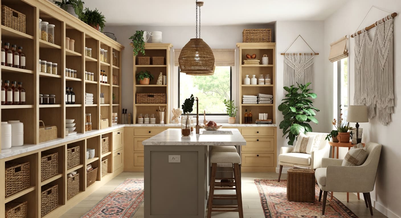 Californian Bohemian pantry interior design - featuring californian bohemian style furniture, decor, colors, and layout ideas for your pantry