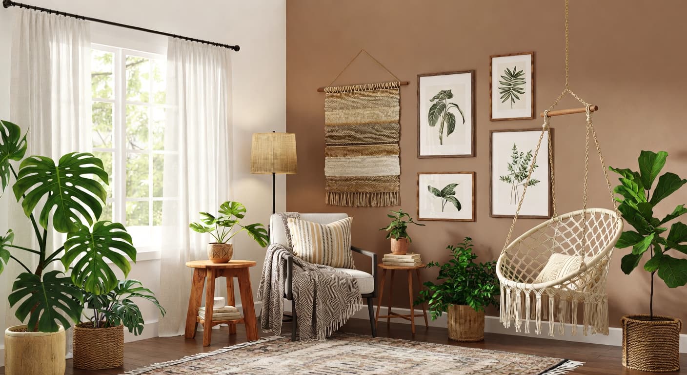 Californian Bohemian reading nook interior design - featuring californian bohemian style furniture, decor, colors, and layout ideas for your reading nook