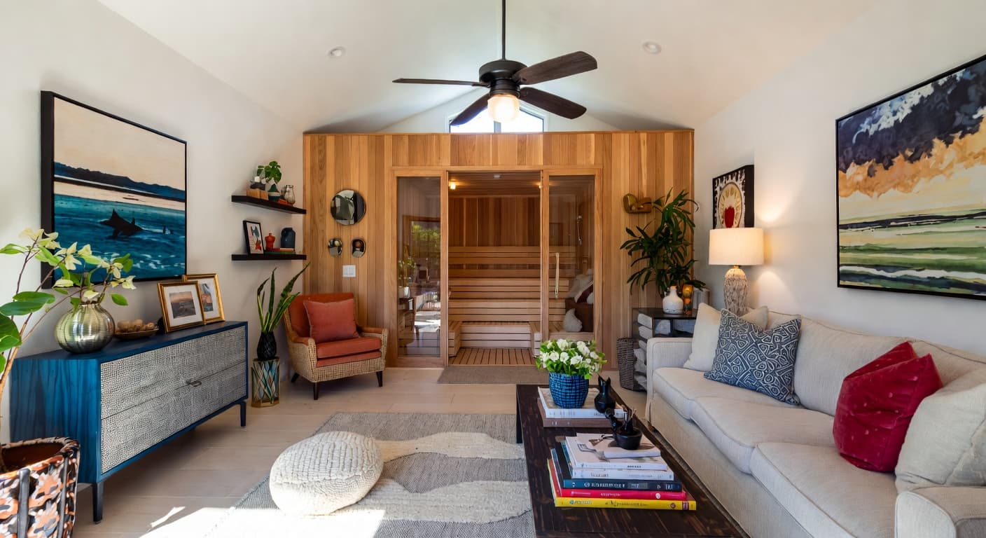Californian Bohemian sauna / spa room interior design - featuring californian bohemian style furniture, decor, colors, and layout ideas for your sauna / spa room