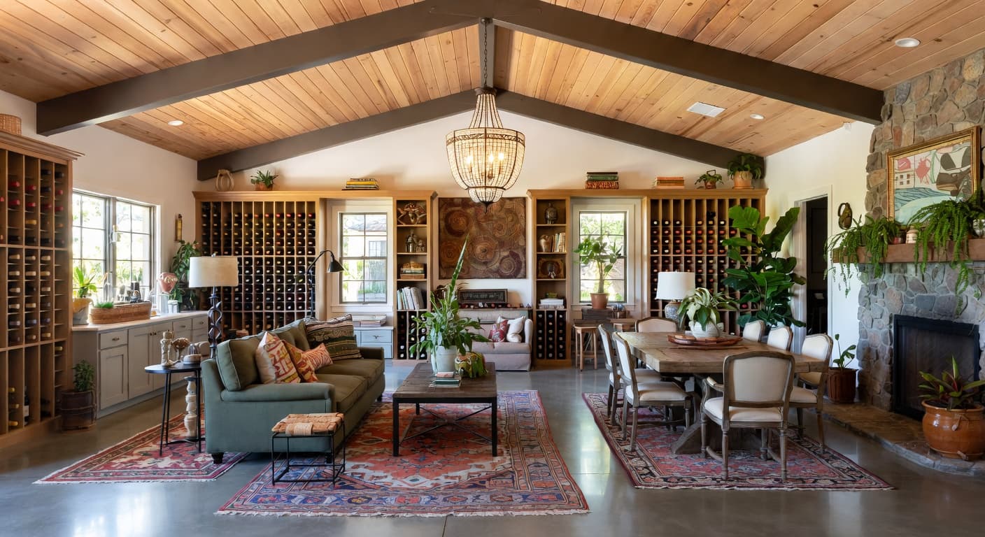 Californian Bohemian wine cellar interior design - featuring californian bohemian style furniture, decor, colors, and layout ideas for your wine cellar