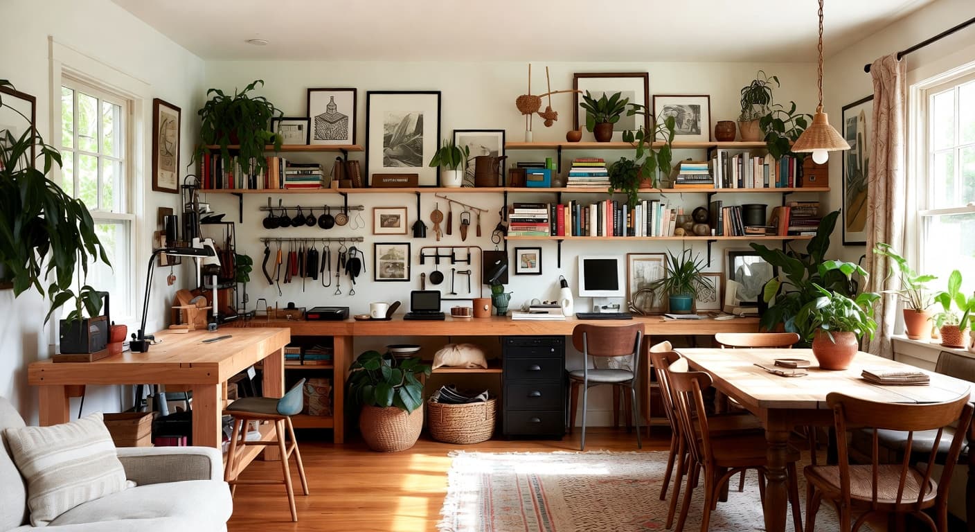 Californian Bohemian workshop interior design - featuring californian bohemian style furniture, decor, colors, and layout ideas for your workshop