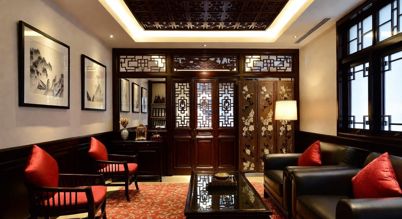 Chinese smoking room / cigar lounge interior design - featuring chinese style furniture, decor, colors, and layout ideas for your smoking room / cigar lounge