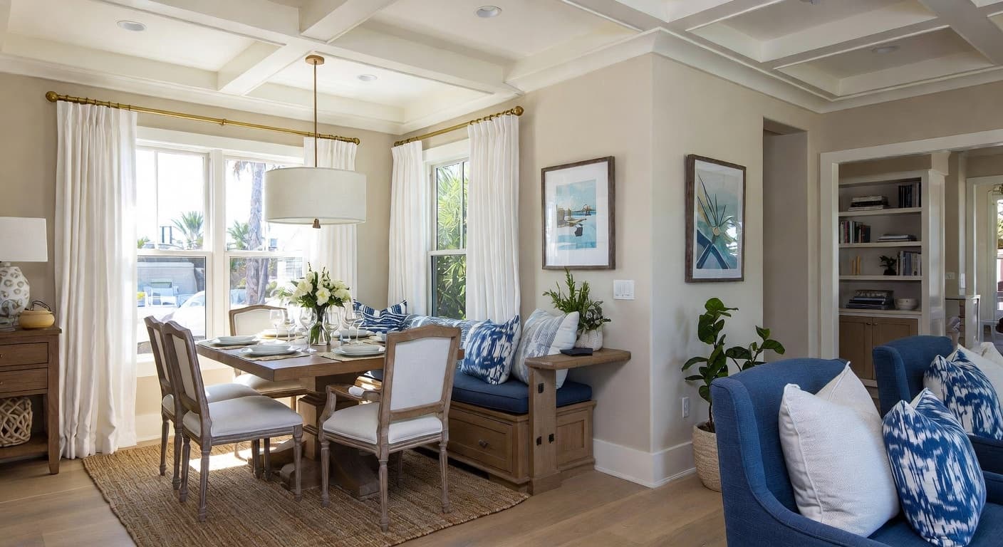 Coastal breakfast nook interior design - featuring coastal style furniture, decor, colors, and layout ideas for your breakfast nook