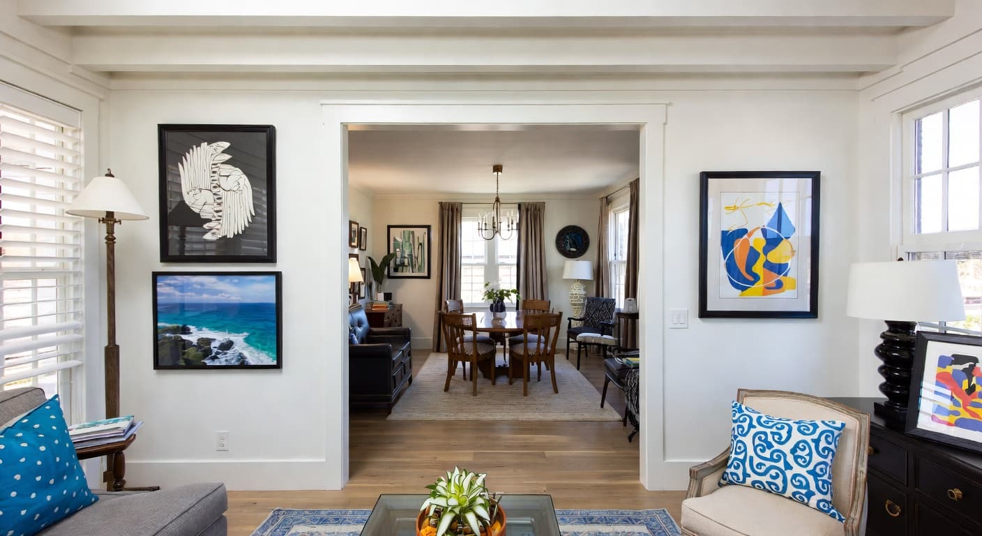 Coastal gallery / art display interior design - featuring coastal style furniture, decor, colors, and layout ideas for your gallery / art display