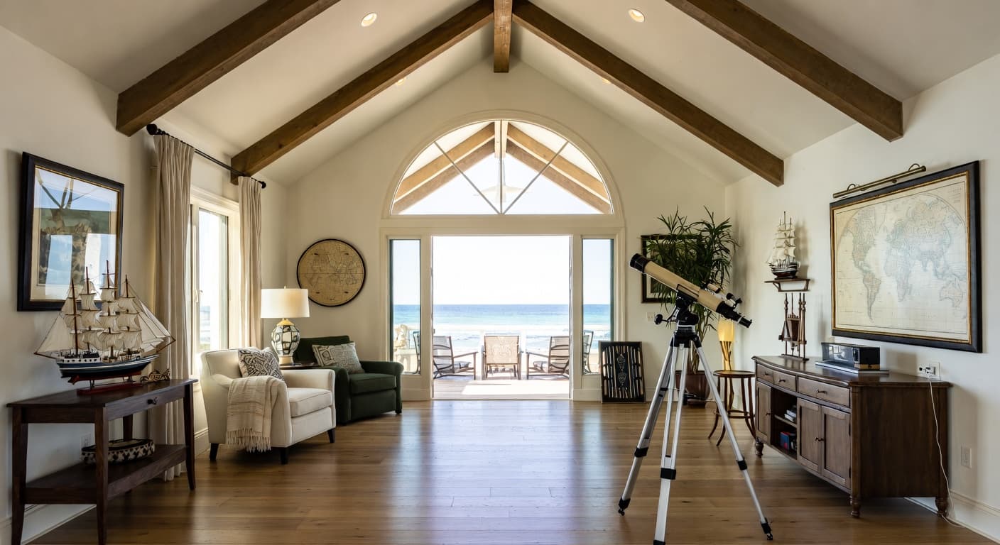 Coastal observatory interior design - featuring coastal style furniture, decor, colors, and layout ideas for your observatory