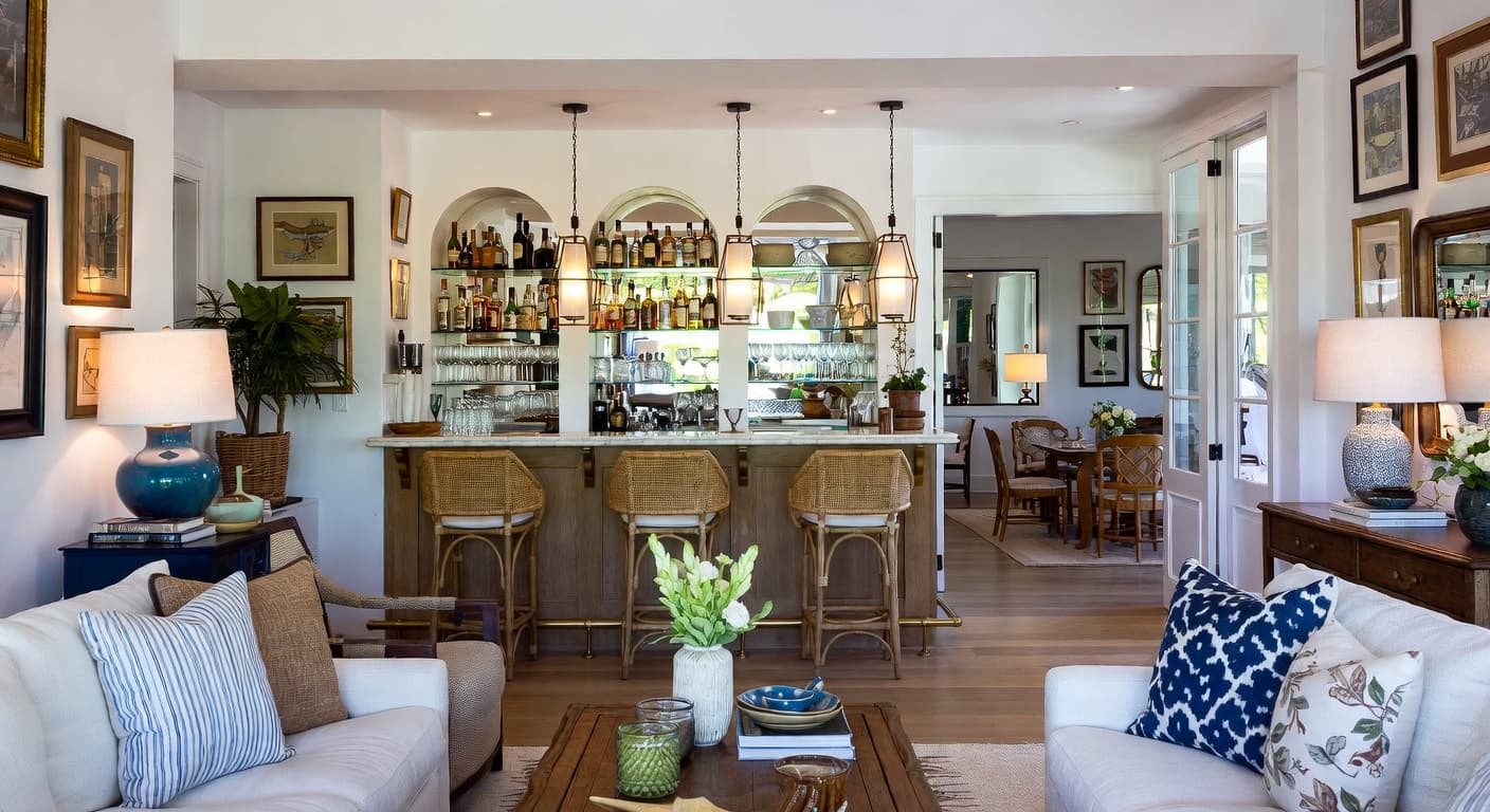 Coastal Grandmother bar room interior design - featuring coastal grandmother style furniture, decor, colors, and layout ideas for your bar room