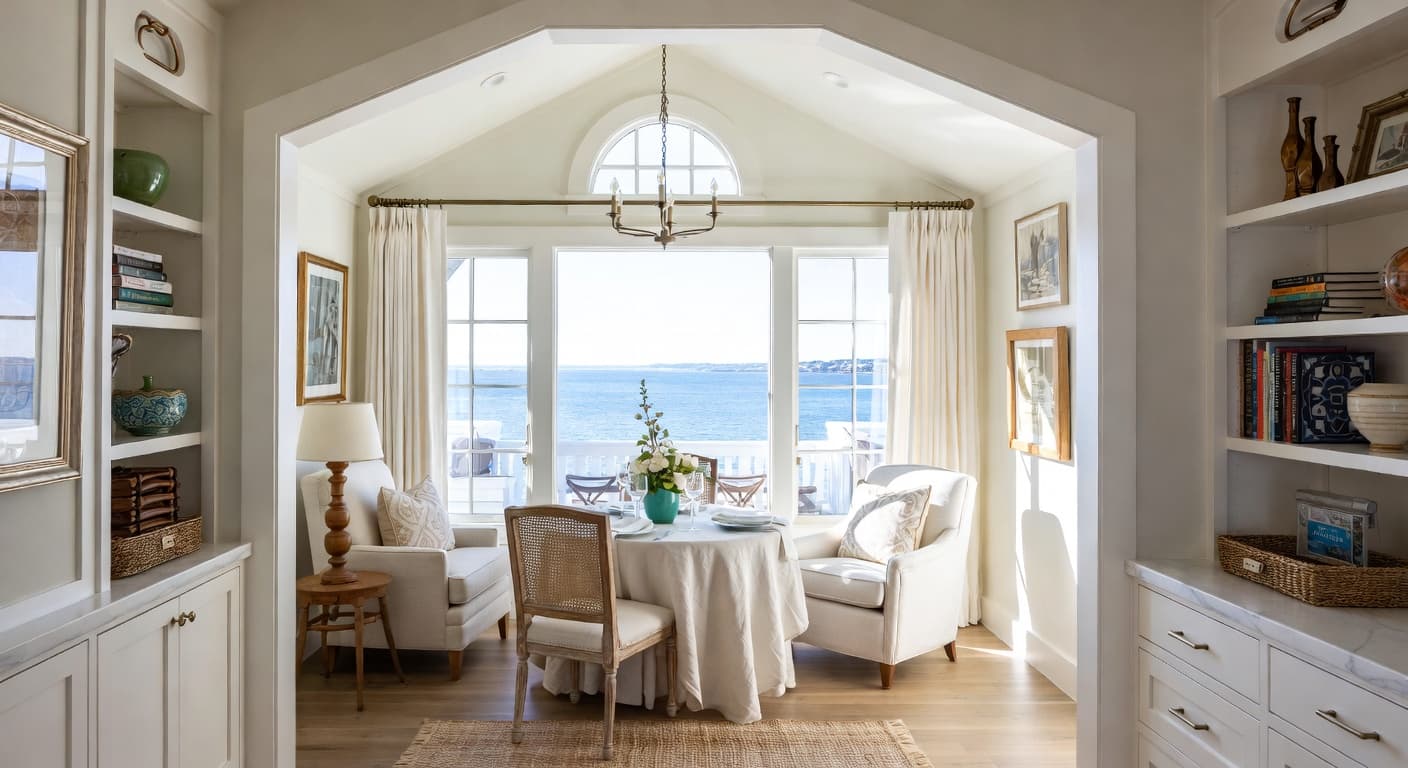 Coastal Grandmother breakfast nook interior design - featuring coastal grandmother style furniture, decor, colors, and layout ideas for your breakfast nook