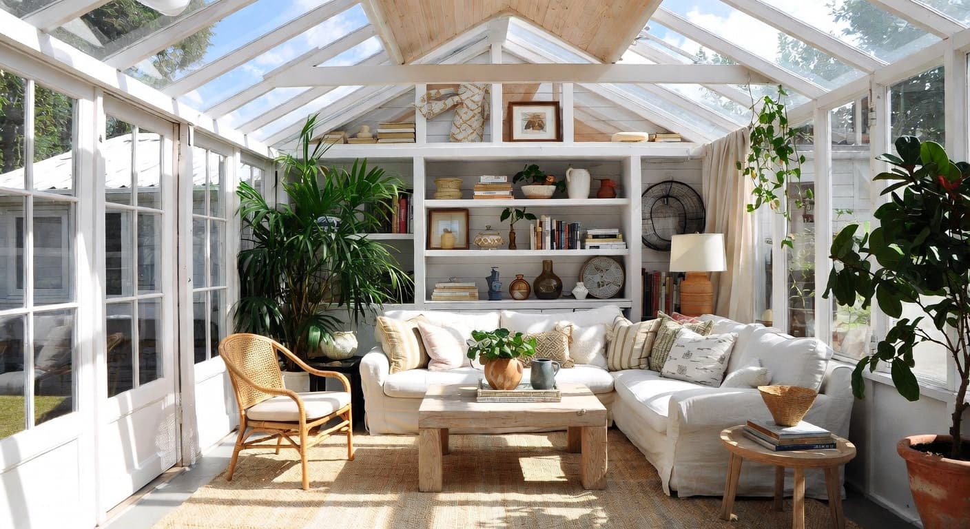 Coastal Grandmother greenhouse interior design - featuring coastal grandmother style furniture, decor, colors, and layout ideas for your greenhouse