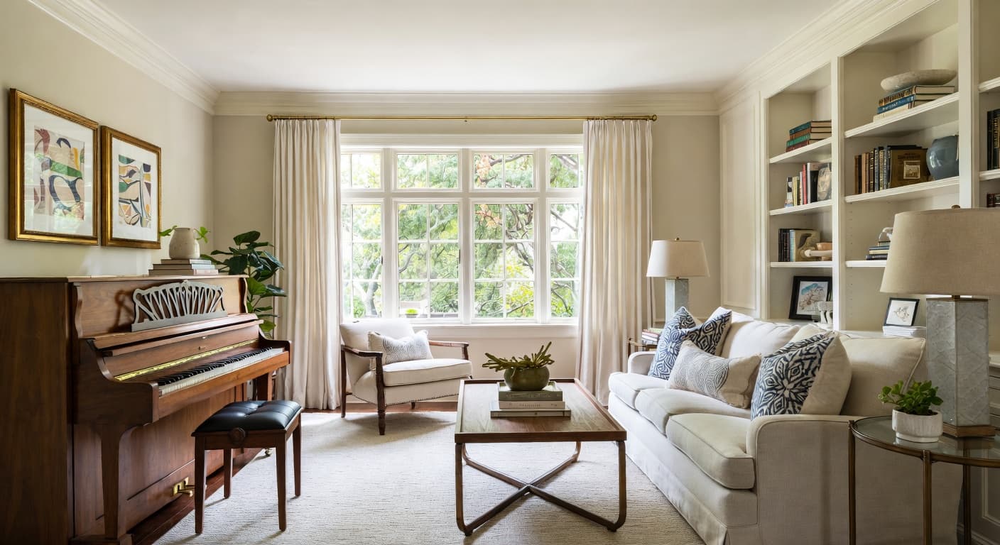 Coastal Grandmother music room interior design - featuring coastal grandmother style furniture, decor, colors, and layout ideas for your music room