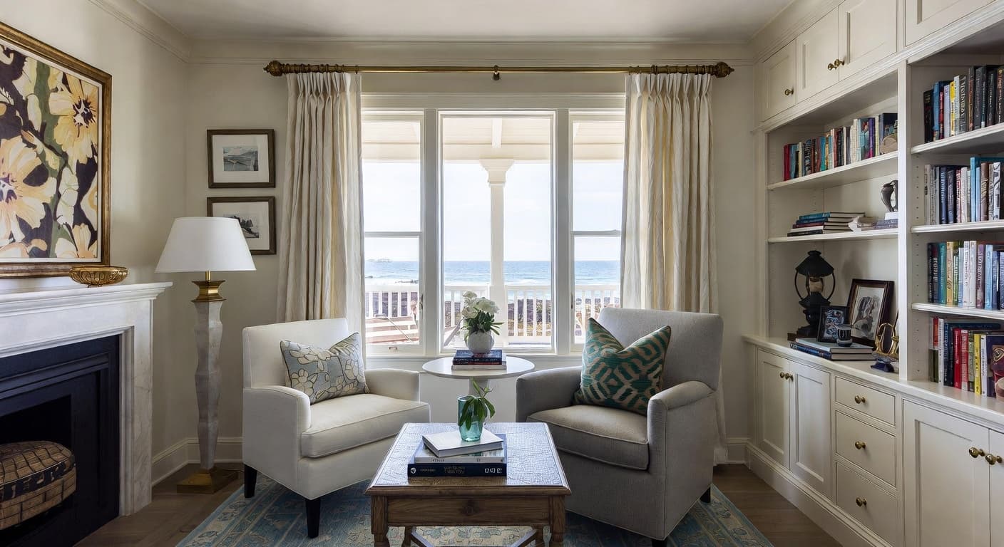 Coastal Grandmother reading nook interior design - featuring coastal grandmother style furniture, decor, colors, and layout ideas for your reading nook