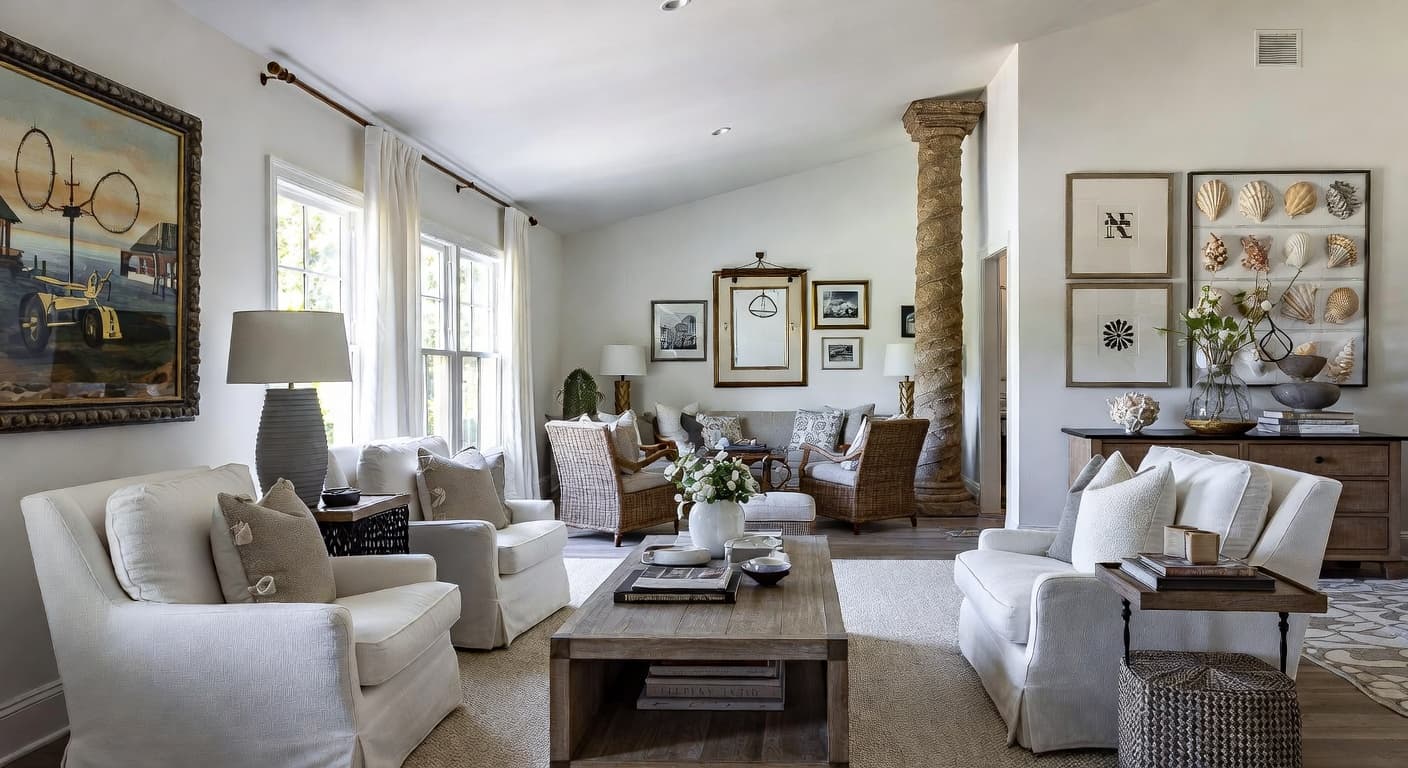 Coastal Grandmother smoking room / cigar lounge interior design - featuring coastal grandmother style furniture, decor, colors, and layout ideas for your smoking room / cigar lounge