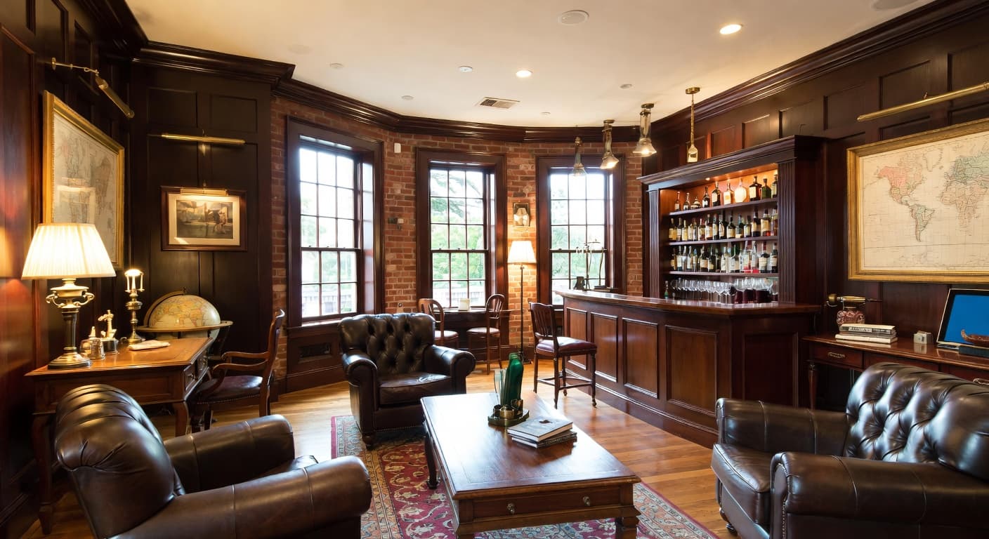 Colonial smoking room / cigar lounge interior design - featuring colonial style furniture, decor, colors, and layout ideas for your smoking room / cigar lounge
