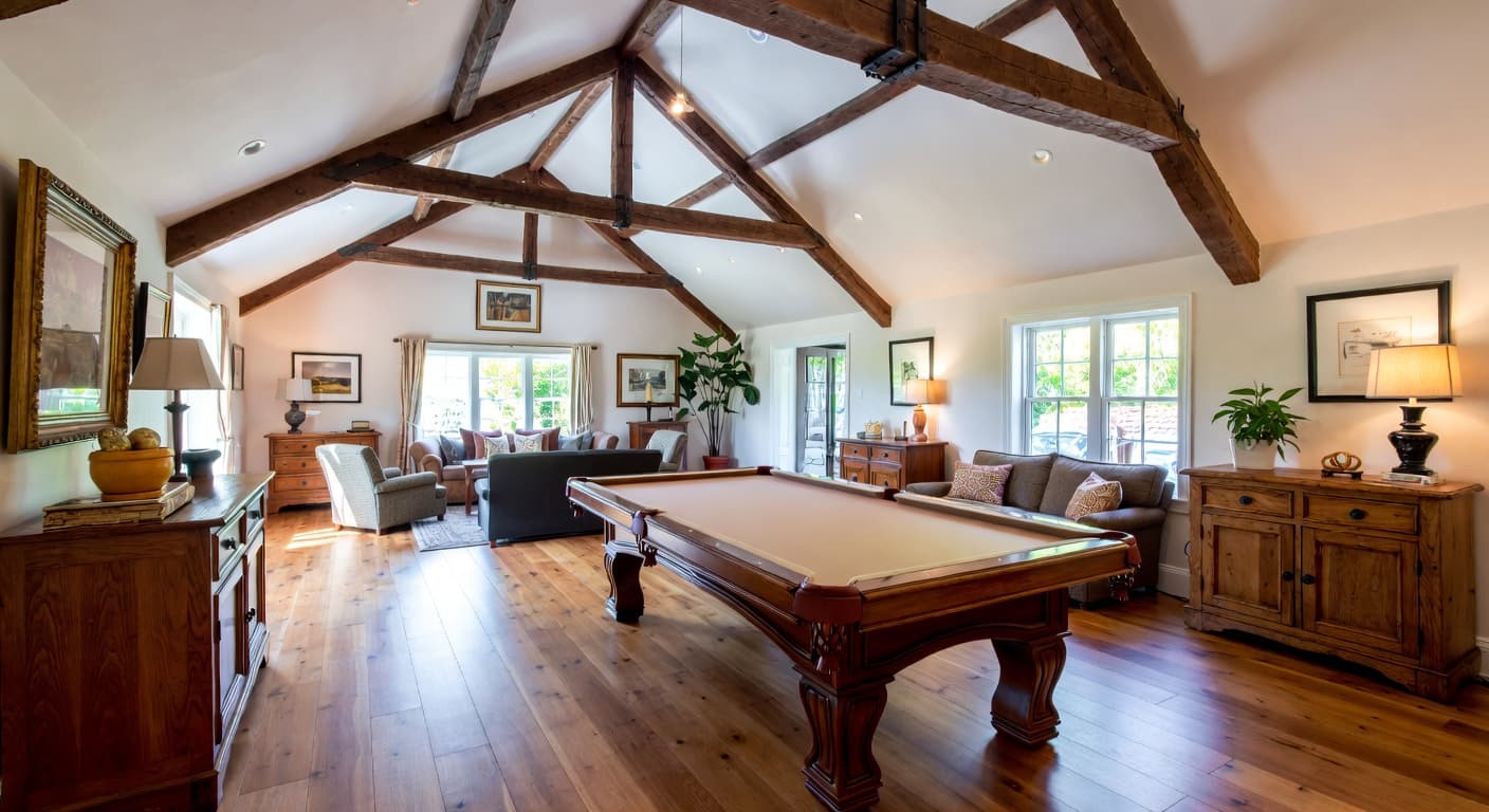 Cottage billiards room interior design - featuring cottage style furniture, decor, colors, and layout ideas for your billiards room