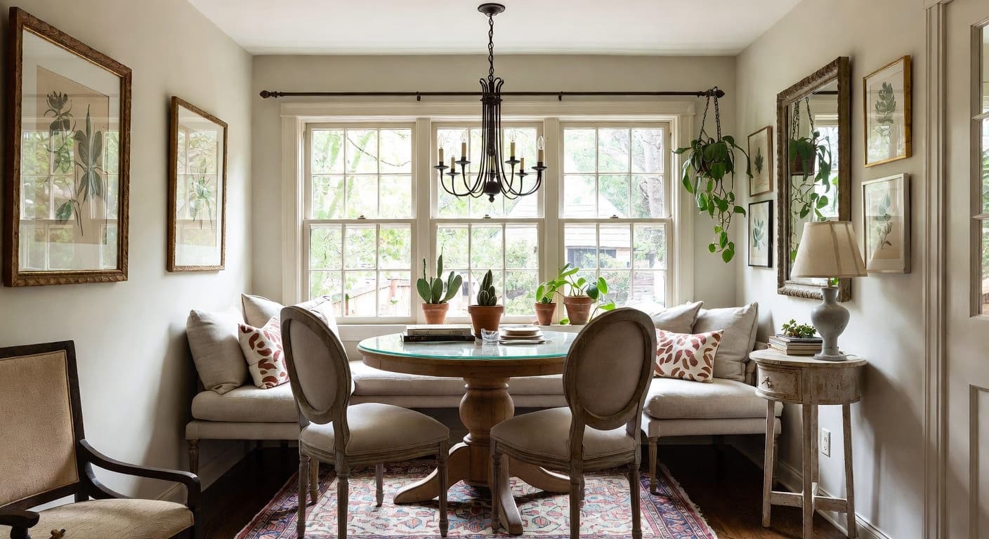 Cottage breakfast nook interior design - featuring cottage style furniture, decor, colors, and layout ideas for your breakfast nook