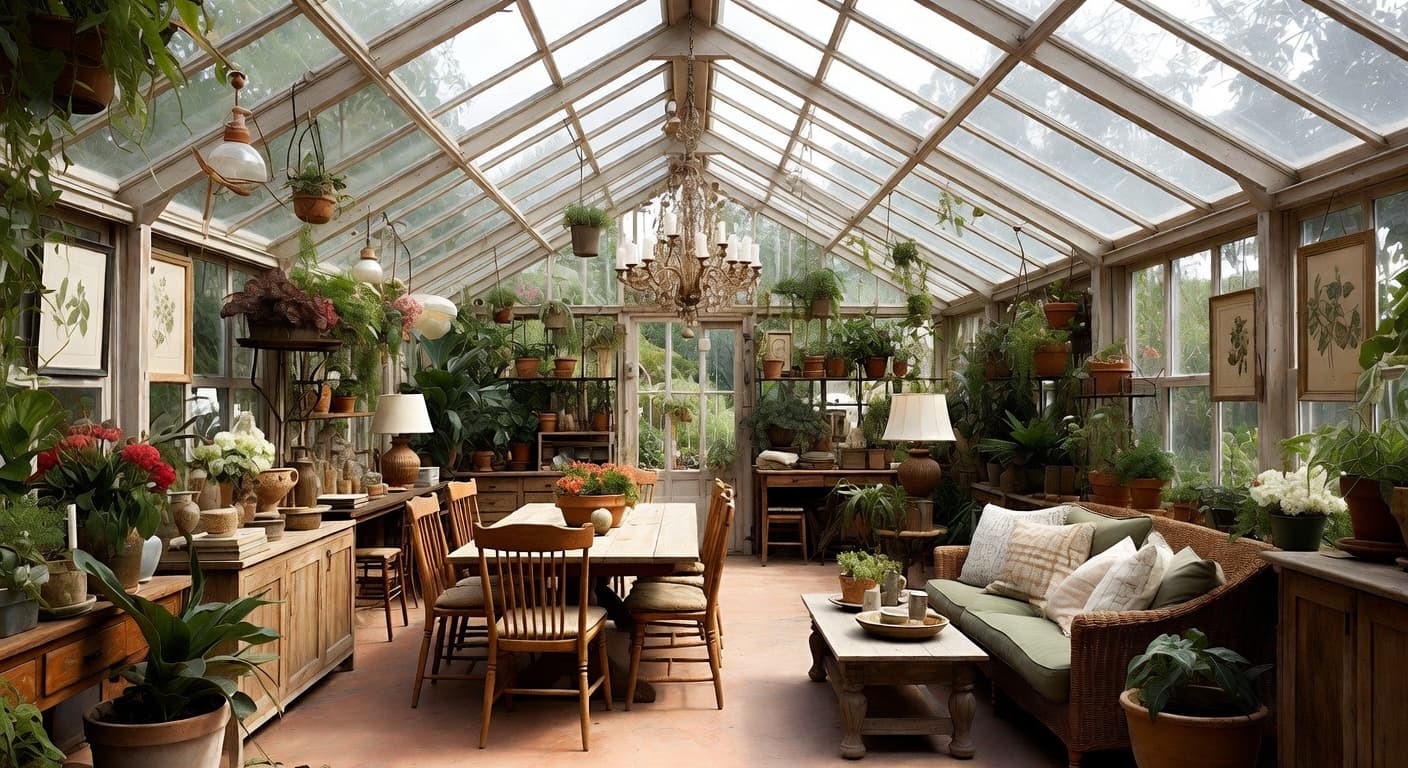 Cottage greenhouse interior design - featuring cottage style furniture, decor, colors, and layout ideas for your greenhouse