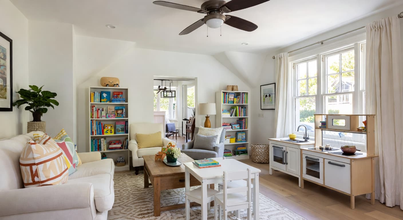 Cottage playroom interior design - featuring cottage style furniture, decor, colors, and layout ideas for your playroom